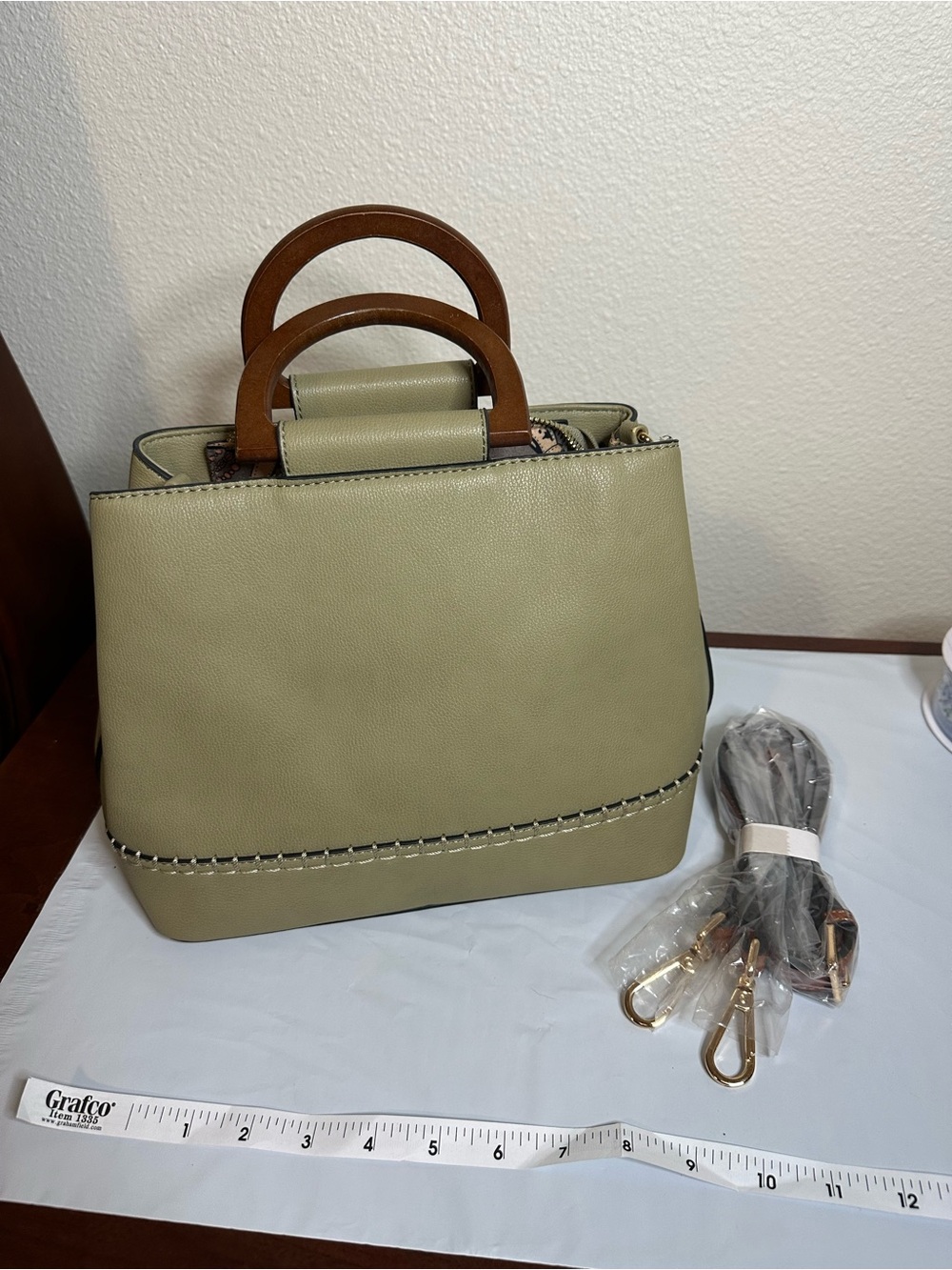 La Terre Fashion Vegan Leather Satchel with Wooden Handles & Matching Strap